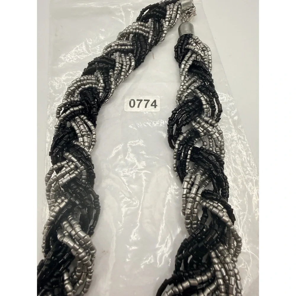 Black‎ Silver Seed Bead Necklace Braided Silver Tone 17-20